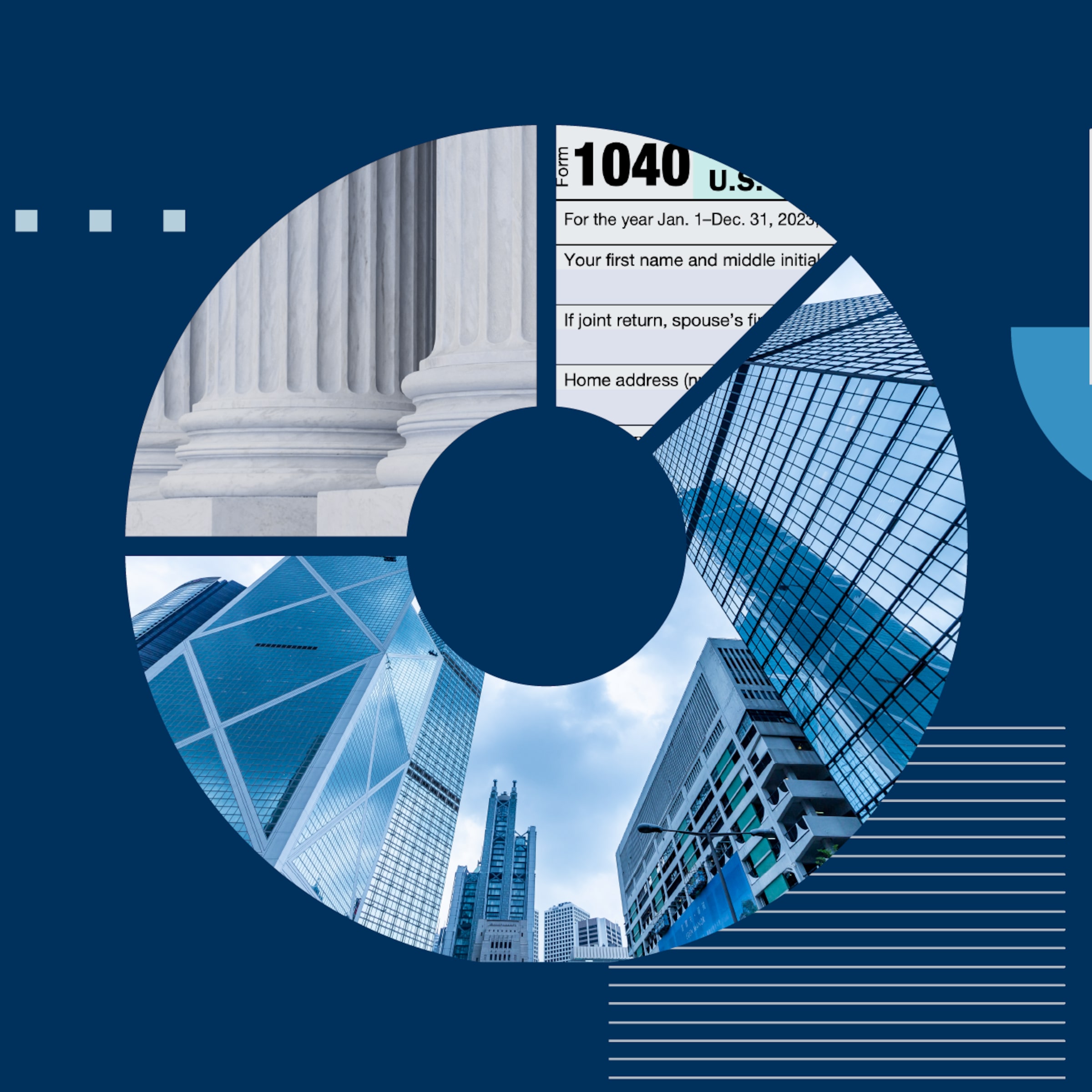 Collage illustration a donut chart featuring imagery of cityscape, government building, and a 1040 form.