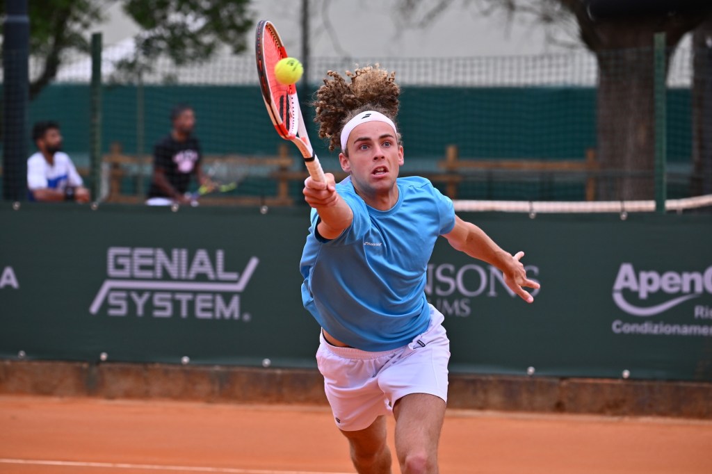 Mika Brunold of Switzerland participates in the ATP Challenger Atkinson Monza Open 2025 at Villa Reale Tennis in Monza, Italy, on April 8, 2023. (Photo by Michele Maraviglia/NurPhoto via Getty Images)