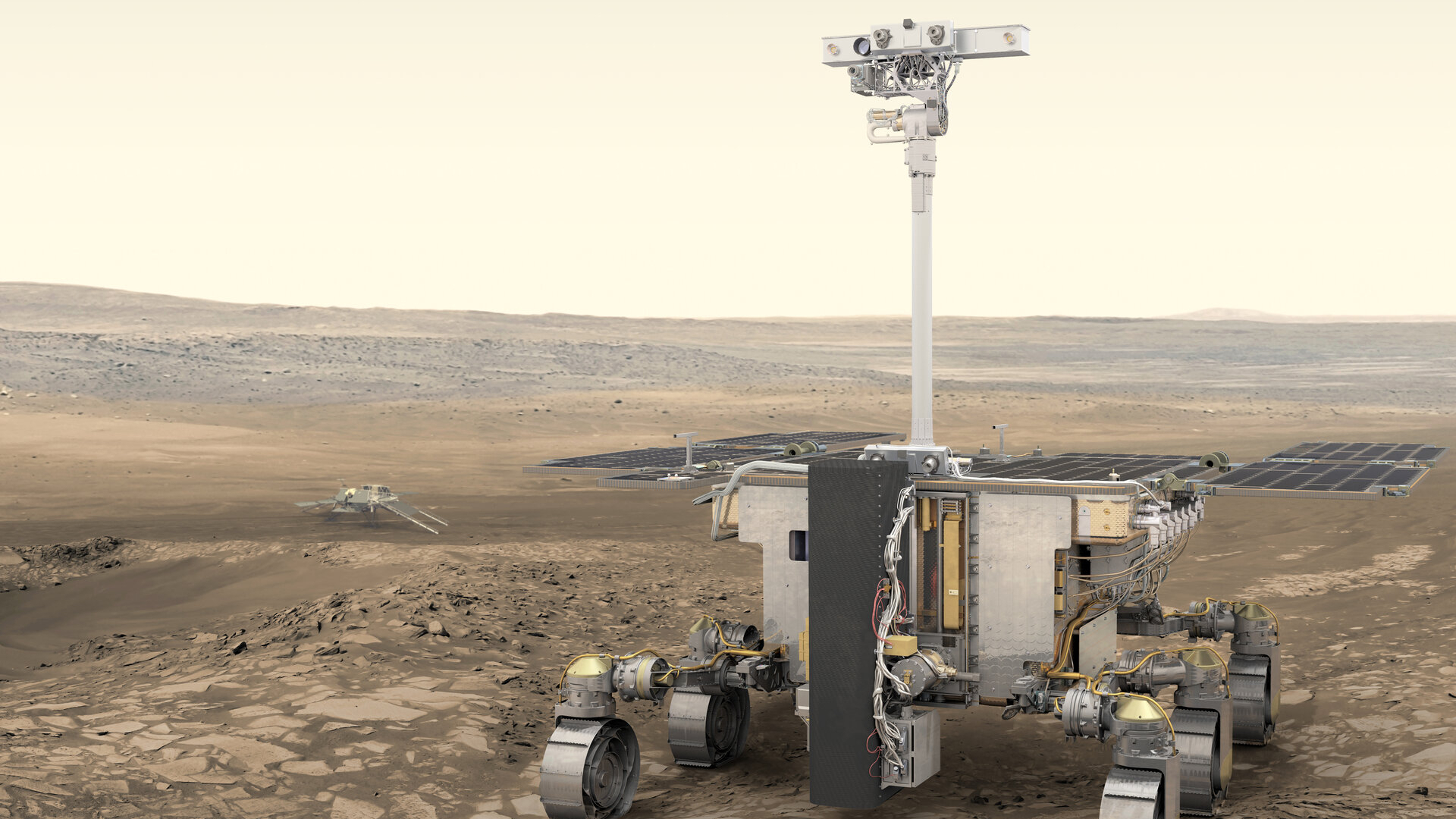artist's illustration of a six-wheeled rover with a long "neck" on the surface of mars