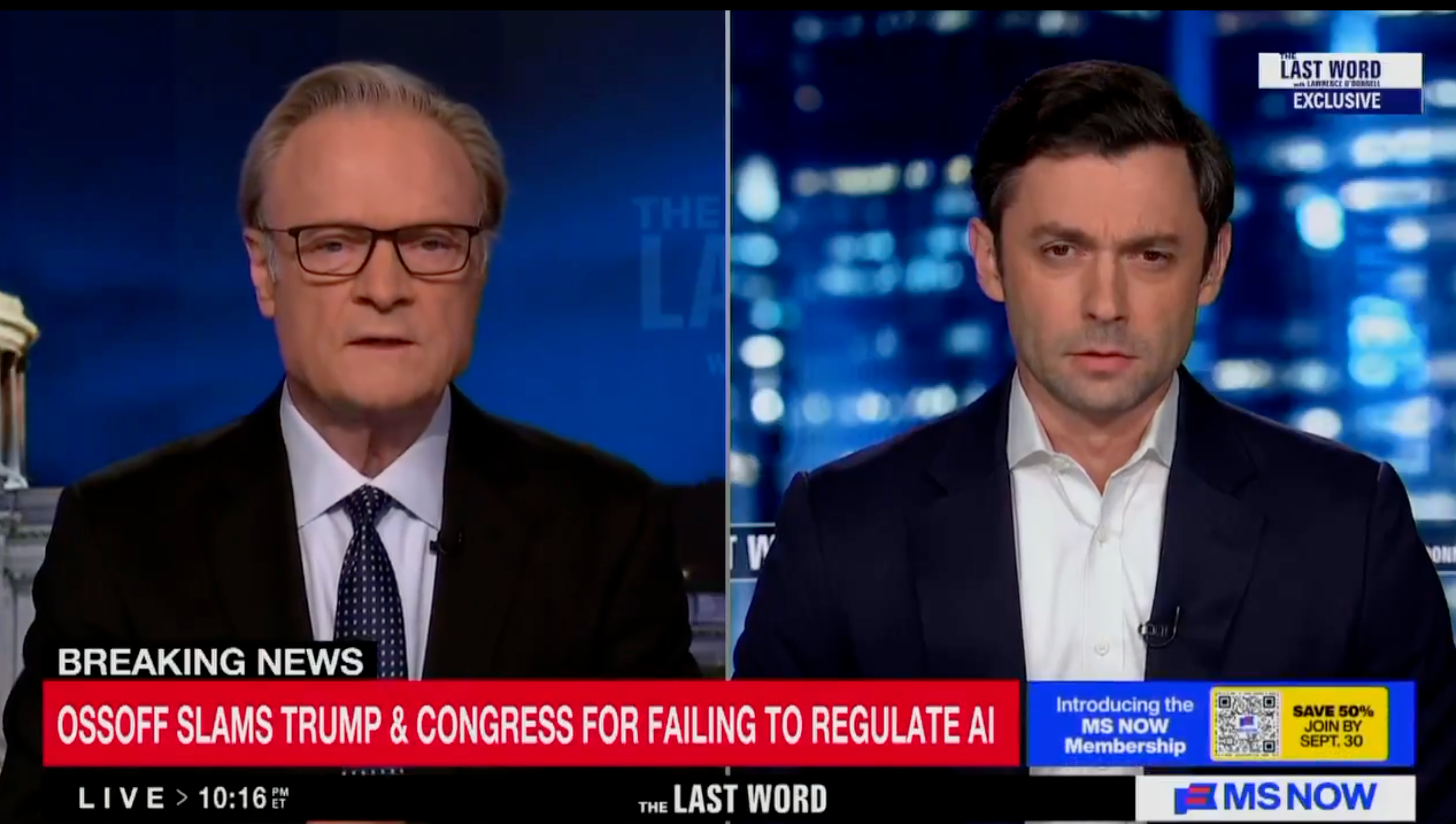 Georgia Democratic Sen. Jon Ossoff accused President Donald Trump of being 'compromised' on AI in an interview with MS NOW's Lawrence O'Donnell Monday