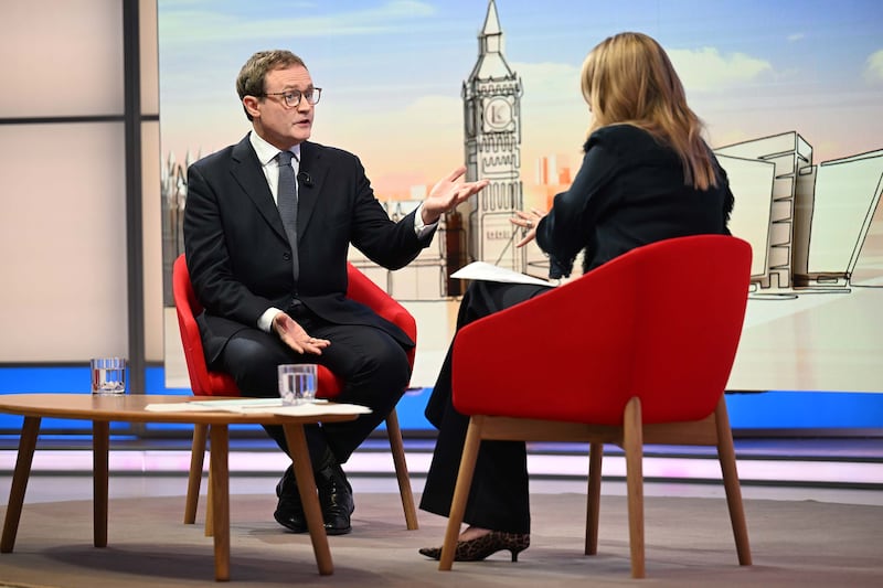 UK shadow foreign secretary Tom Tugendhat appearing on the BBC 1 current affairs programme, Sunday With Laura Kuenssberg. Photograph: Jeff Overs/BBC/PA Wire