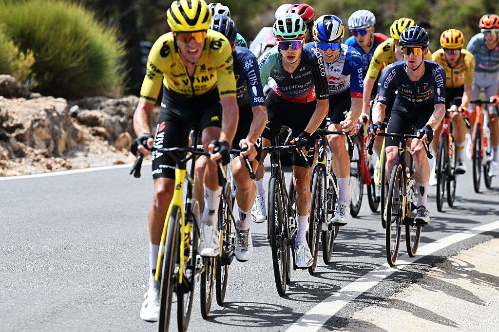 LOJA, SPAIN - SEPTEMBER 04: Matthew Riccitello of United States and Team Decathlon CMA CGM competes in the breakaway during the La Vuelta - 81st Tour of Spain 2026, Stage 13 a 192.8km stage from Almu&ntilde;ecar to Loja 501m / #UCIWT / on September 04, 2026 in Loja, Spain. (Photo by Tim de Waele/Getty Images)