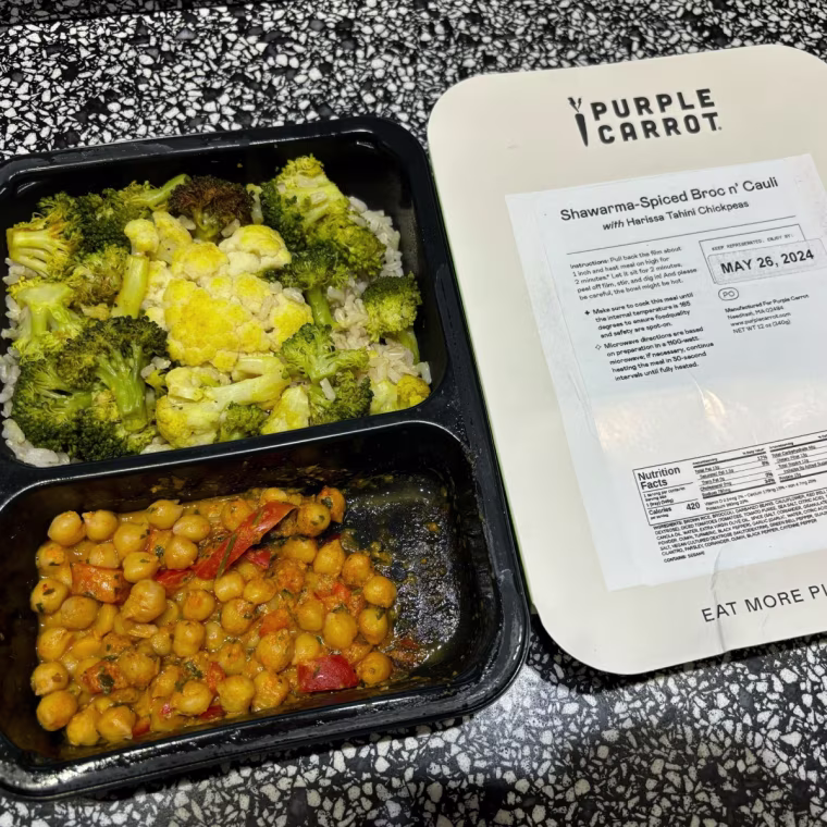 Tray of Purple Carrot chickpeas, broccoli and cauliflower meal