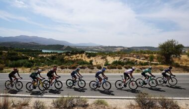 LOJA, SPAIN - SEPTEMBER 04: (L-R) Filippo Zana of Italy and Team Soudal Quick-Step, Jesus Herrada of Spain and Team Burgos Burpellet BH, Ivan Cobo of Spain and Team Equipo Kern Pharma, Eddie Dunbar of Ireland and Team Pinarello - Q36.5 Pro Cycling and a general view of the chase group passing the Alto del Legionario (1325m) during the La Vuelta - 81st Tour of Spain 2026, Stage 13 a 192.8km stage from Almu&amp;ntilde;ecar to Loja 501m / #UCIWT / on September 04, 2026 in Loja, Spain. (Photo by Tim de Waele/Getty Images)