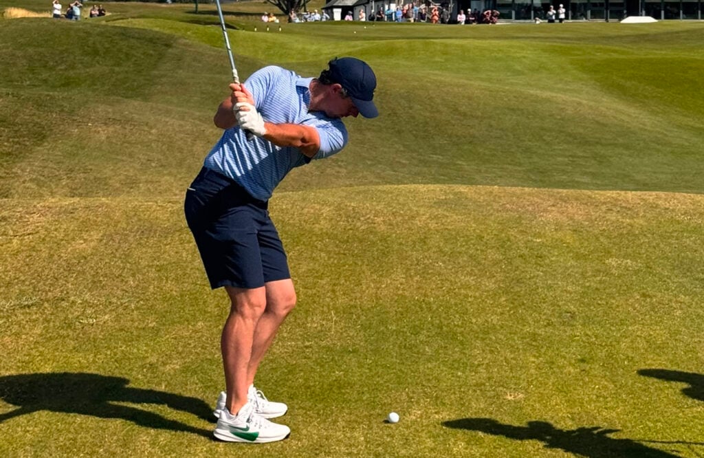 Rory McIlroy, mid-shot, at St Enodoc | Source: Tim Cowley