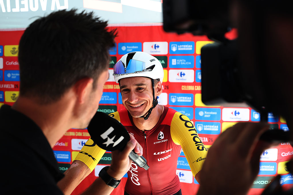 Bryan Coquard (Cofidis) meets the media before stage 16 of the 2026 Vuelta a Espa&ntilde;a in Cortegana, Spain. (Photo by Alexander Hassenstein/Getty Images)