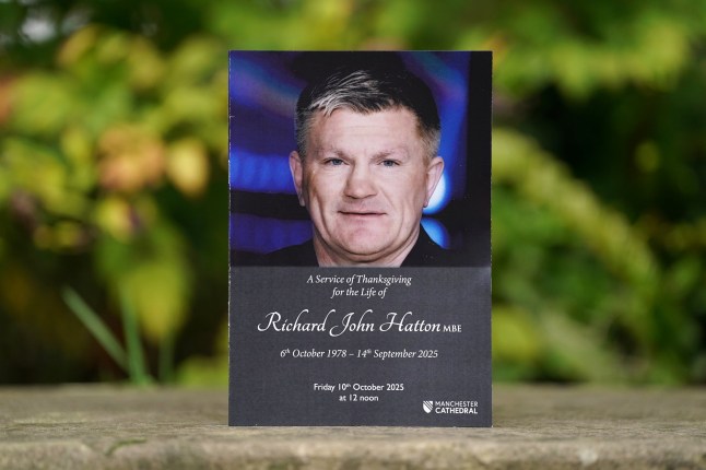 MANCHESTER, ENGLAND - OCTOBER 10: In this photo illustration the order of service can be seen at the funeral of Ricky Hatton at Manchester Cathedral on October 10, 2025 in Manchester, England. Ricky Hatton was a professional boxer who competed as a light-welterweight and welterweight between 1997 and 2012. He was found dead at his home aged 46 on September 14. (Photo by Dominic Lipinski/Getty Images)