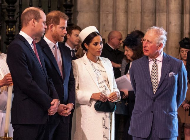 (FILES) Britain's Meghan, Duchess of Sussex (2R) talks with Britain's Prince Charles, Prince of Wales (R) as Britain's Prince William, Duke of Cambridge, (L) talks with Britain's Prince Harry, Duke of Sussex, (2L) as they all attend the Commonwealth Day service at Westminster Abbey in London on March 11, 2019. Prince Harry and his wife Meghan, who cut ties with the British royal family in 2020, are moving back to the United Kingdom, British press reported on August 19, 2026. In a surprise move, the youngest son of King Charles III and Meghan, "plan to leave the United States by the end of the month to settle in a private, non-royal residence, which is said to be located outside London," The Telegraph said. (Photo by Richard Pohle / POOL / AFP via Getty Images)