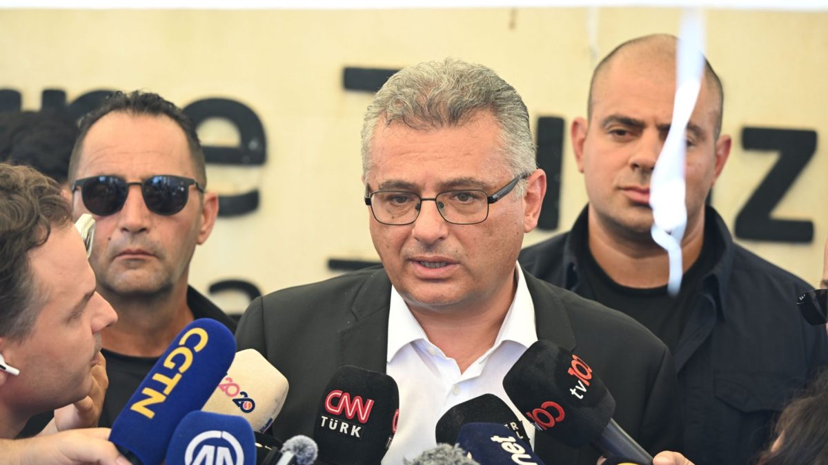 KYRENIA, TRNC - AUGUST 31: President of the Turkish Republic of Northern Cyprus (TRNC), Tufan Erhurman, delivers a statement regarding the passenger vessel that capsized off the coast of Kyrenia, in Kyrenia, TRNC, on August 31, 2026. (Photo by Harun Ozalp/Anadolu via Getty Images)
