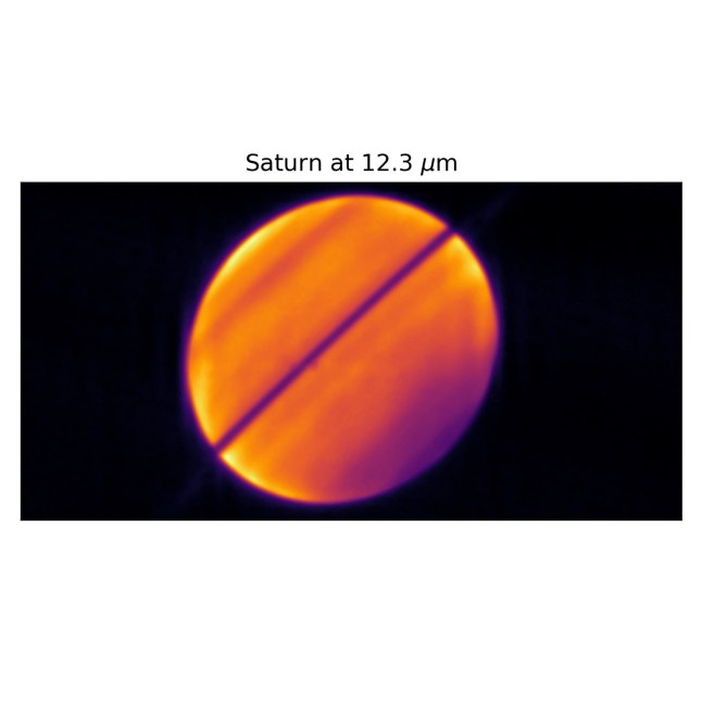 EMBARGO SEPTEMBER 02 2026 7PM BST. Saturn in the mid-infrared from the European Southern Observatory?s Very Large Telescope (VLT), using the VISIR instrument on August 16th 2025. The images show thermal emission from the planet, with brighter colours indicating warmer temperatures. North is to the top left, south is to the bottom right. Saturn?s rings are almost edge on in this view, creating the darker band near Saturn?s equator. //A
