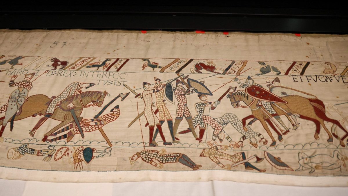 This general view shows the Bayeux Tapestry on exhibit before the arrival of France's President Emmanuel Macron as he attends a preview event with Britain's King Charles III and the British prime minister for the Bayeux Tapestry Exhibition, at the British Museum in London on September 2, 2026. (Photo by Ludovic MARIN / POOL / AFP via Getty Images)