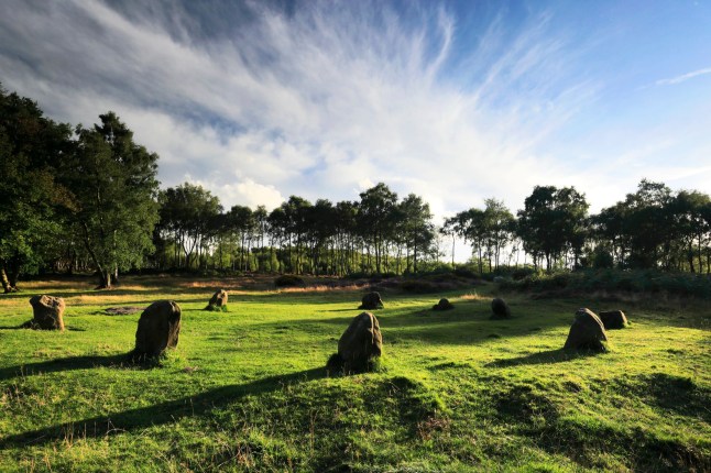 9 Ladies Stone Circle on Stanton Moor, Peak District National Park, Derbyshire, England, UK