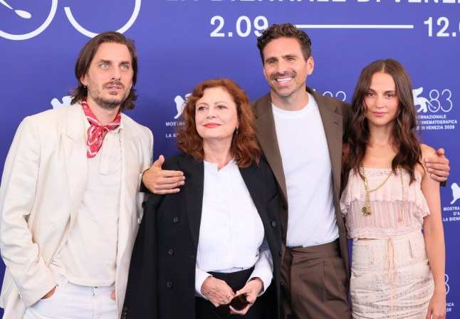 VENICE, ITALY - SEPTEMBER 6: (L-R) Luca Marinelli, Susan Sarandon, Andrea Pallaoro and Alicia Vikander attend the