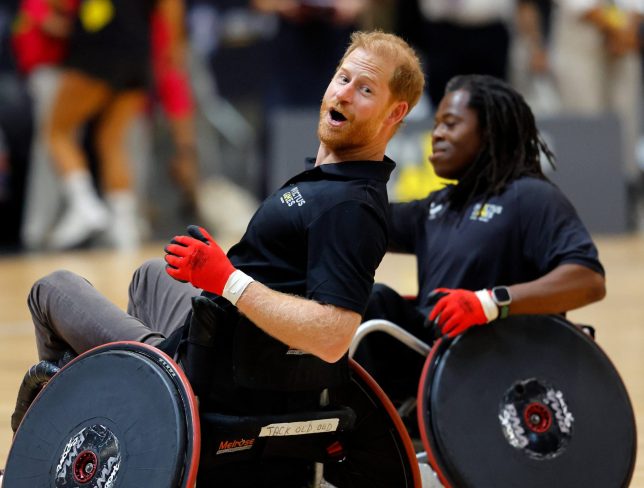 BIRMINGHAM, ENGLAND - JULY 10: (EMBARGOED FOR PUBLICATION IN UK NEWSPAPERS UNTIL 24 HOURS AFTER CREATE DATE AND TIME) Prince Harry, Duke of Sussex plays in a wheelchair rugby exhibition match during the Invictus 1 Year To Go event at the National Exhibition Centre on July 10, 2026 in Birmingham, England. Birmingham will host the Invictus Games in July 2027, the first time the Games have returned to the UK since the inaugural games in London 2014, and will feature twelve adaptive sports. (Photo by Max Mumby/Indigo/Getty Images)