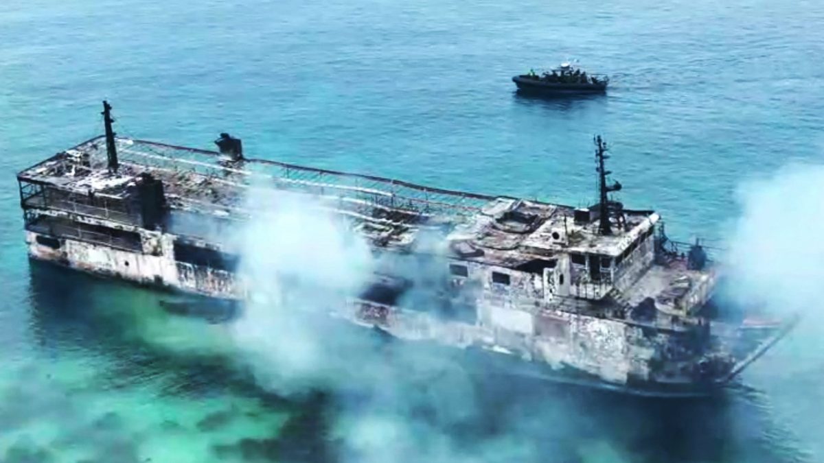 This screen grab aerial picture from a handout video taken and received from the Philippine Coast Guard (PCG) on September 10, 2026 shows the ruins of a ferry that caught fire off Palawan. At least five people were killed and 86 remain missing after a fire erupted aboard a ferry near a tourist hotspot in the Philippine province of Palawan, the coast guard said on September 10. (Photo by Handout / Philippine Coast Guard (PCG) / AFP via Getty Images) / RESTRICTED TO EDITORIAL USE - MANDATORY CREDIT 