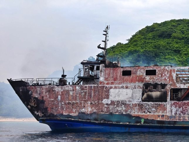 PALAWAN, PHILIPPINES - SEPTEMBER 10: (----EDITORIAL USE ONLY - MANDATORY CREDIT - 'PHILIPPINE COAST GUARD / HANDOUT' - NO MARKETING, NO ADVERTISING CAMPAIGNS - DISTRIBUTED AS A SERVICE TO CLIENTS----) The ruins of the ferry MV June Aster are seen following a fire that broke out aboard the ferry, killing at least five people, in waters off Palawan, Philippines, on September 10, 2026. MV June Aster was reportedly carrying more than 100 passengers when the fire broke out aboard the ferry on Wednesday night. Five passengers have been confirmed dead, while more than 80 people remain missing. Search and rescue operations are underway. (Photo by Philippine Coast Guard/Handout/Anadolu via Getty Images)
