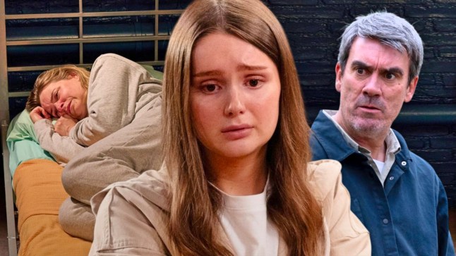 Charity Dingle, Sarah Sugden and Cain Dingle all looking sad in an Emmerdale collage.