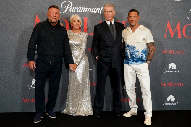 Guy Ritchie, from left, Helen Mirren, Pierce Brosnan, Tom Hardy pose for photographers upon arrival the 'Mobland Season Two Premiere' premiere in London, England, Thursday, Sept. 10, 2026. (Photo by Alberto Pezzali/Invision/AP)