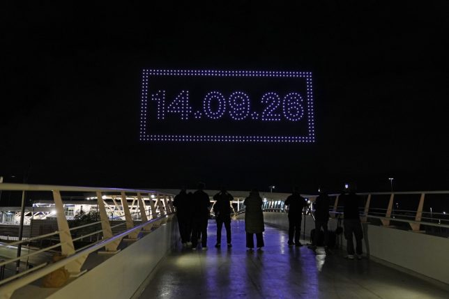 A drone light show over the Joie Stadium football ground at the Etihad Campus in Manchester, revealing the time and date of the forthcoming Oasis tour announcement. Picture date: Thursday September 10, 2026. PA Photo. Photo credit should read: Peter Byrne/PA Wire