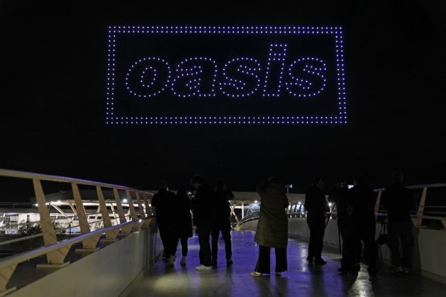 A drone light show over the Joie Stadium football ground at the Etihad Campus in Manchester, revealing the time and date of the forthcoming Oasis tour announcement. Picture date: Thursday September 10, 2026. PA Photo. Photo credit should read: Peter Byrne/PA Wire