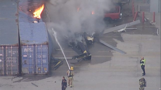 An aerial view shows firefighters working to douse a fire in the wreckage of an NBC News helicopter that crashed while covering a report of a deadly Metro bus collision, resulting in multiple casualties, in Chatsworth, Los Angeles, California, U.S. September 15, 2026 in this still image from video. ABC Affiliate KABC via REUTERS. THIS IMAGE HAS BEEN SUPPLIED BY A THIRD PARTY. MANDATORY CREDIT. UNITED STATES OUT. NO COMMERCIAL OR EDITORIAL SALES IN UNITED STATES. NO RESALES. NO ARCHIVES.