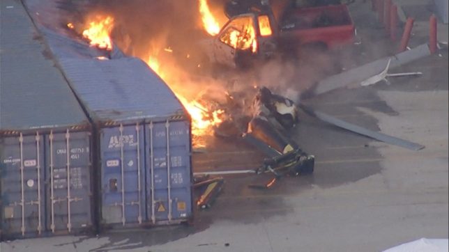 An aerial view shows the burning wreckage of an NBC News helicopter that crashed while covering a report of a deadly Metro bus collision, resulting in multiple casualties, in Chatsworth, Los Angeles, California, U.S. September 15, 2026 in this still image from video. ABC Affiliate KABC via REUTERS. THIS IMAGE HAS BEEN SUPPLIED BY A THIRD PARTY. MANDATORY CREDIT. UNITED STATES OUT. NO COMMERCIAL OR EDITORIAL SALES IN UNITED STATES. NO RESALES. NO ARCHIVES. TPX IMAGES OF THE DAY