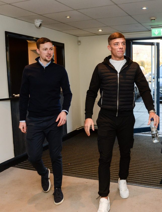 NEWCASTLE UPON TYNE, ENGLAND - JANUARY 30: Harrison Ashby arrives at the Newcastle United Training centre and is greeted by Head of Technical Scouting Andy Howe (L) on January 30, 2023 in Newcastle upon Tyne, England. (Photo by Serena Taylor/Newcastle United via Getty Images)