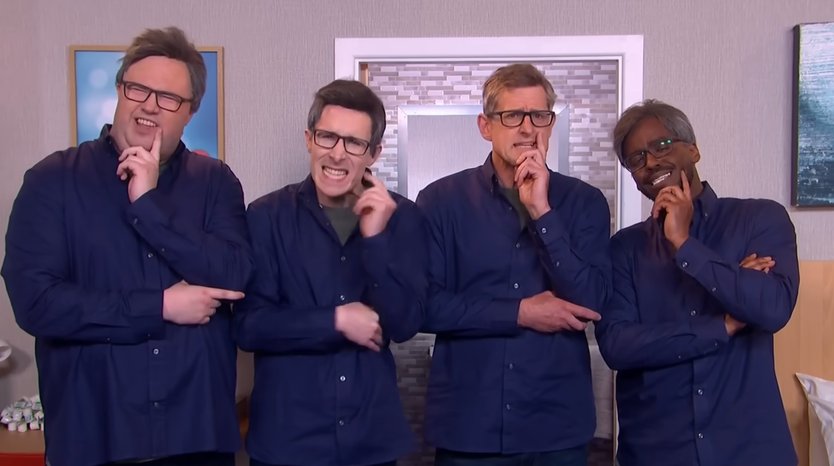 ‘Shall we get started?’ Al Nash, Larry Dean and Ncuti Gatwa standing alongside the real Louis Theroux