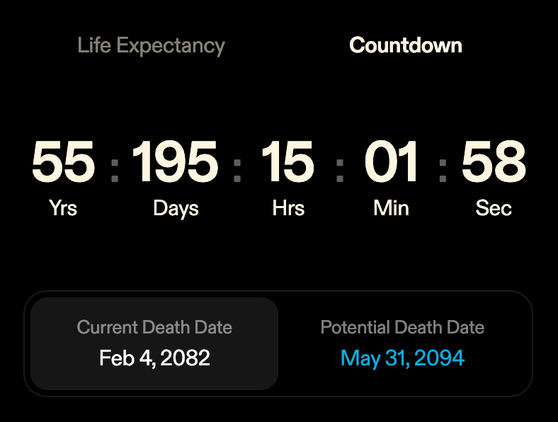 The app features a memento mori in form of a live countdown to your death, perhaps not advised to linger upon if your 'Stress' panel shows raised cortisol