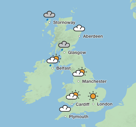 England and Wales are forecast to see sunny weather on Sunday, while showers sweep across Scotland