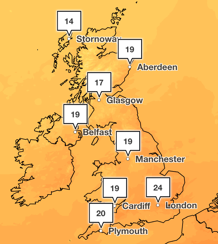 The UK is set to see warm temperatures this weekend with highs of 24C in London by 4pm on Saturday