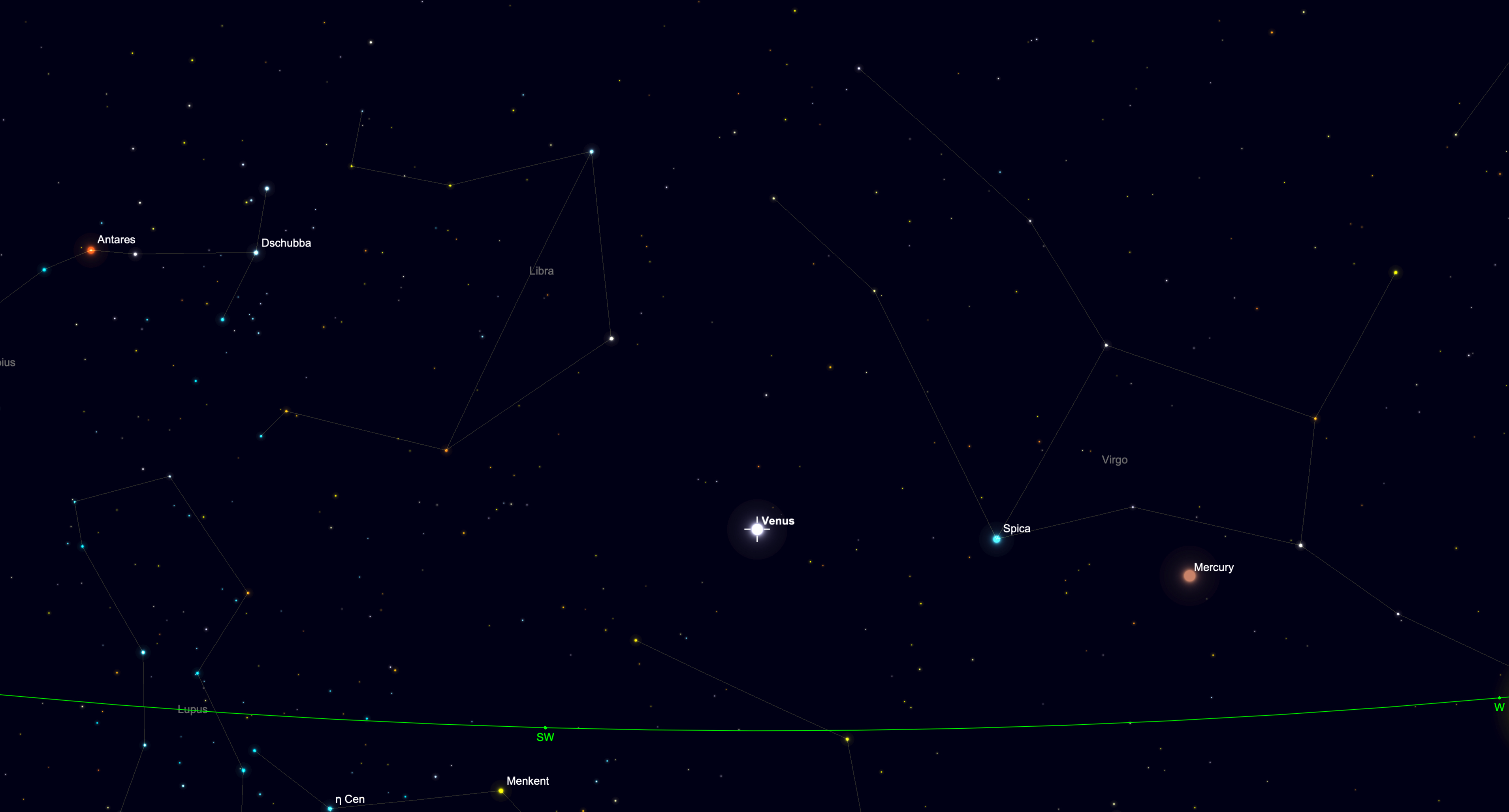 Star chart showing bright Venus in the western evening sky near Spica and Mercury on Sept. 19, 2026.