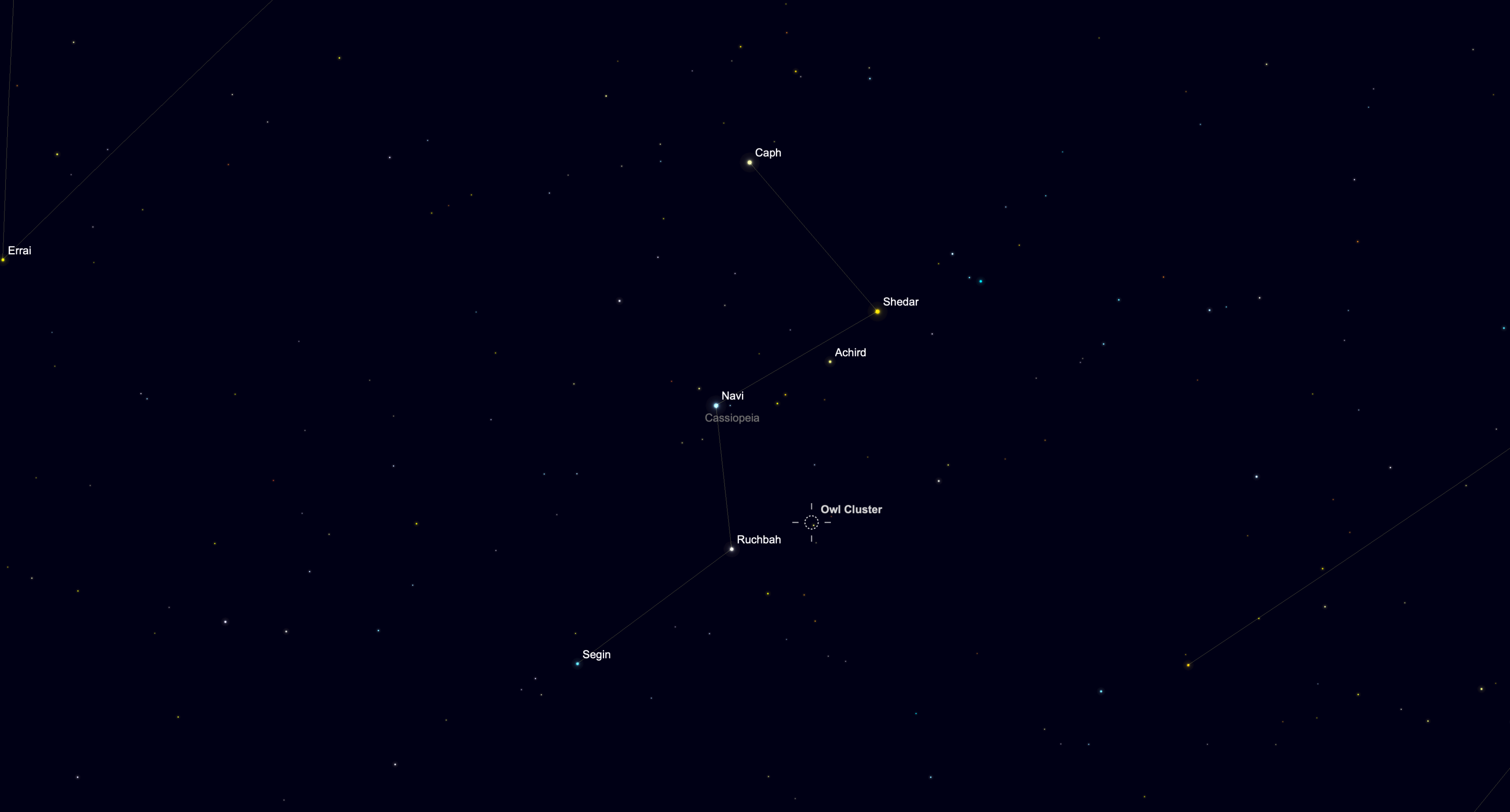 Star chart showing the location of the Owl Cluster in the constellation Cassiopeia on Sept. 22, 2026.