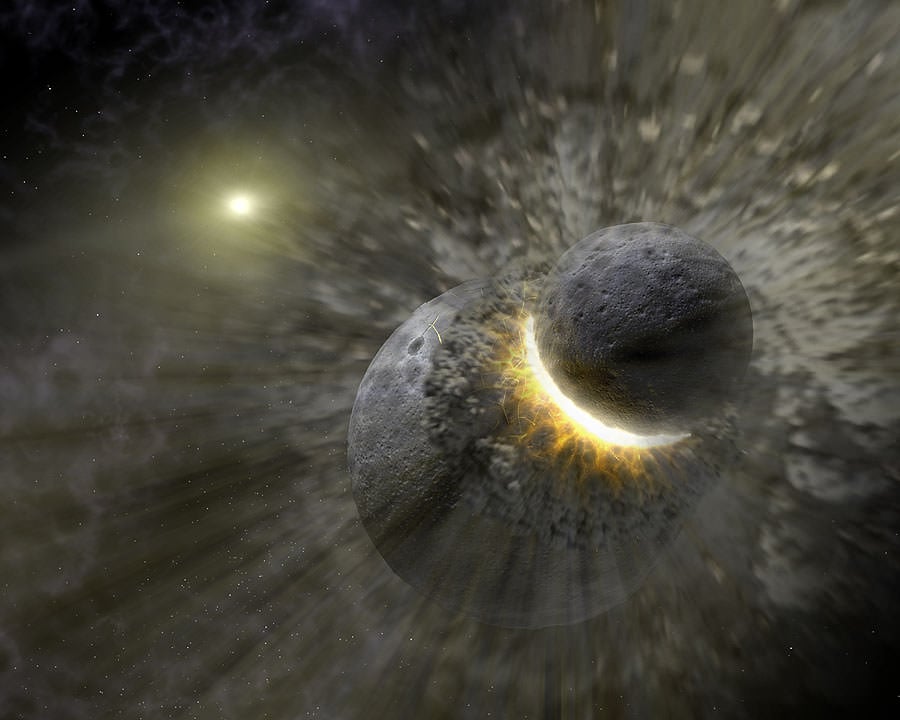 The Giant Impact Hypothesis says that a Mars-sized protoplanet named Theia crashed into Earth more than 4 billion years ago. The debris eventually coalesced to form the Moon. New research ties the temperature and strength of the materials involved in the collsion to how the Moon formed, and how quickly it formed. Image Credit: NASA