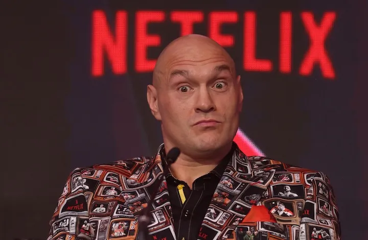 Tyson Fury at the final press conference for his fight against Arslanbek Makhmudov. (April 9, 2026)