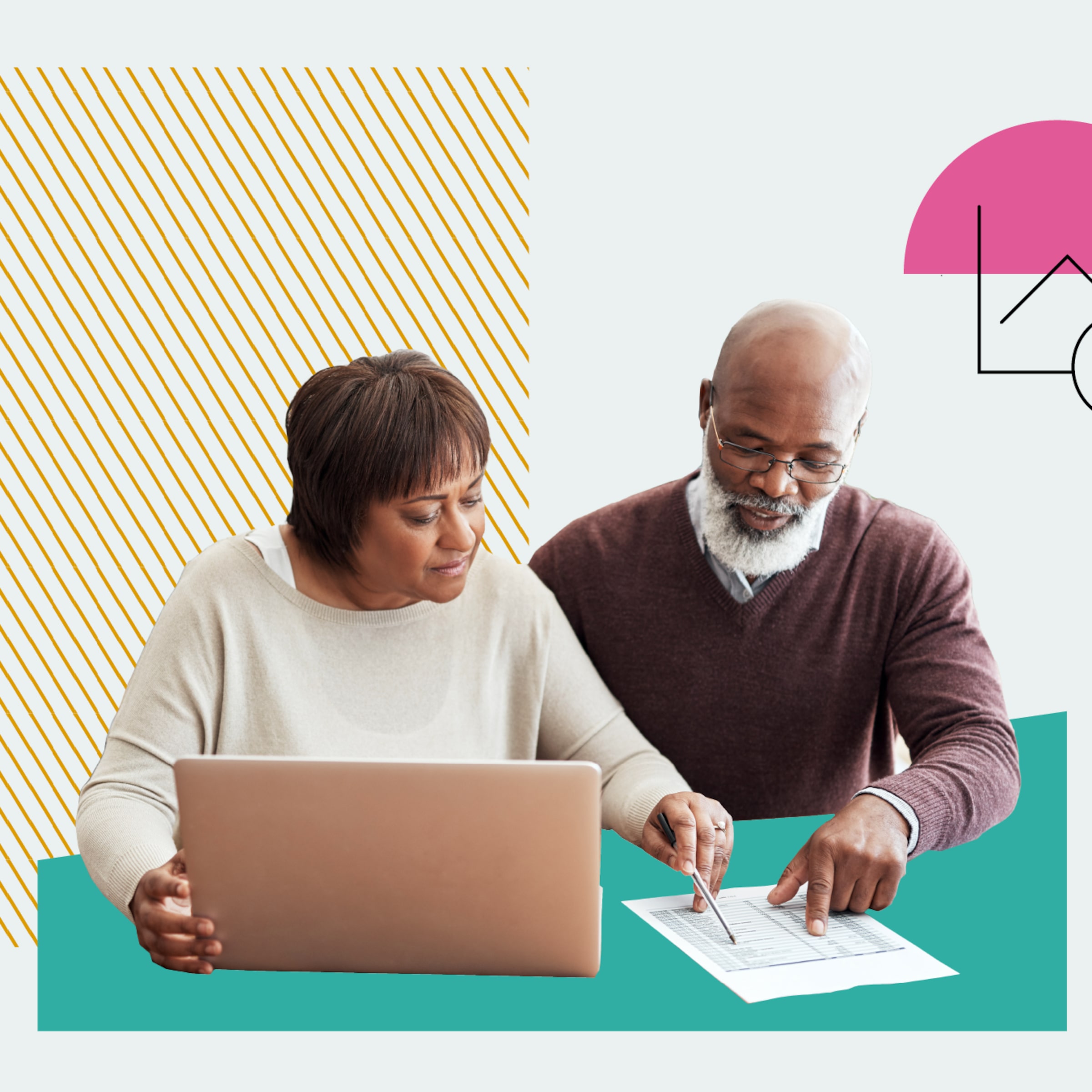 Illustration of a couple sitting together, reviewing computer screens and paperwork. A speech bubble with a percentage symbol and an upward arrow icon appear in the background.