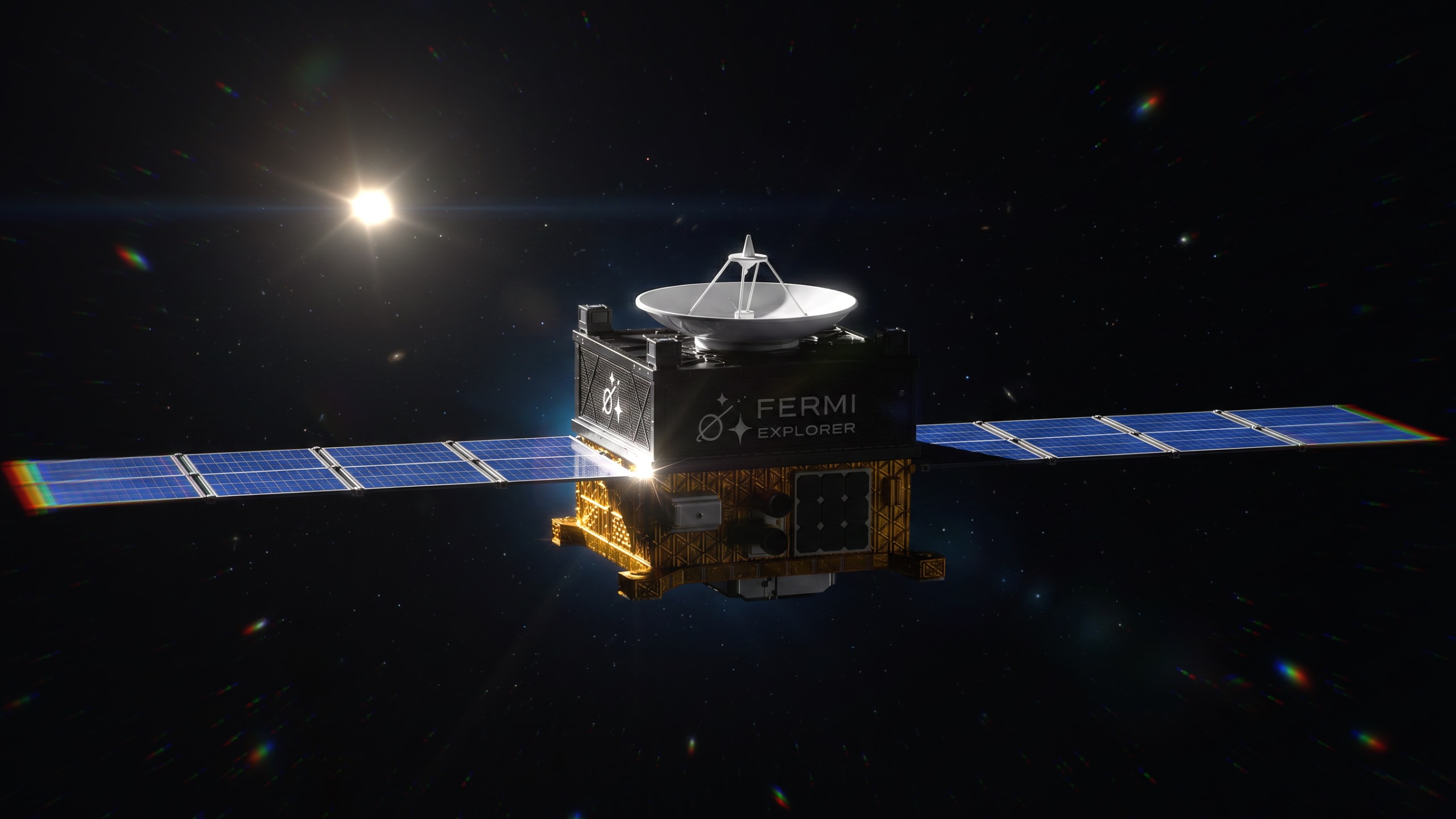 Artist's impression of a small, boxy spacecraft with two large, blue solar arrays