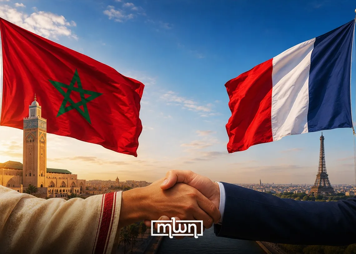 A graphic showing the Moroccan and French flags above Casablanca and Paris, with two hands shaking to symbolize cooperation between the two countries, by MWN Design Team.