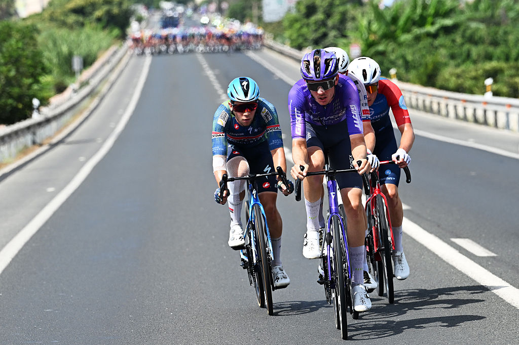 ALMUNECAR, SPAIN - SEPTEMBER 04: (L-R) Fabio Van Den Bossche of Belgium and Team Soudal Quick-Step and Asbjorn Hellemose of Denmark and Team Jayco AlUla compete in the breakaway during the La Vuelta - 81st Tour of Spain 2026, Stage 13 a 192.8km stage from Almu&ntilde;ecar to Loja 501m / #UCIWT / on September 04, 2026 in Almunecar, Spain. (Photo by Tim de Waele/Getty Images)