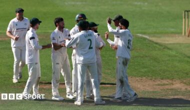 Leicestershire players celebrate taking a wicket in their win against Hampshire