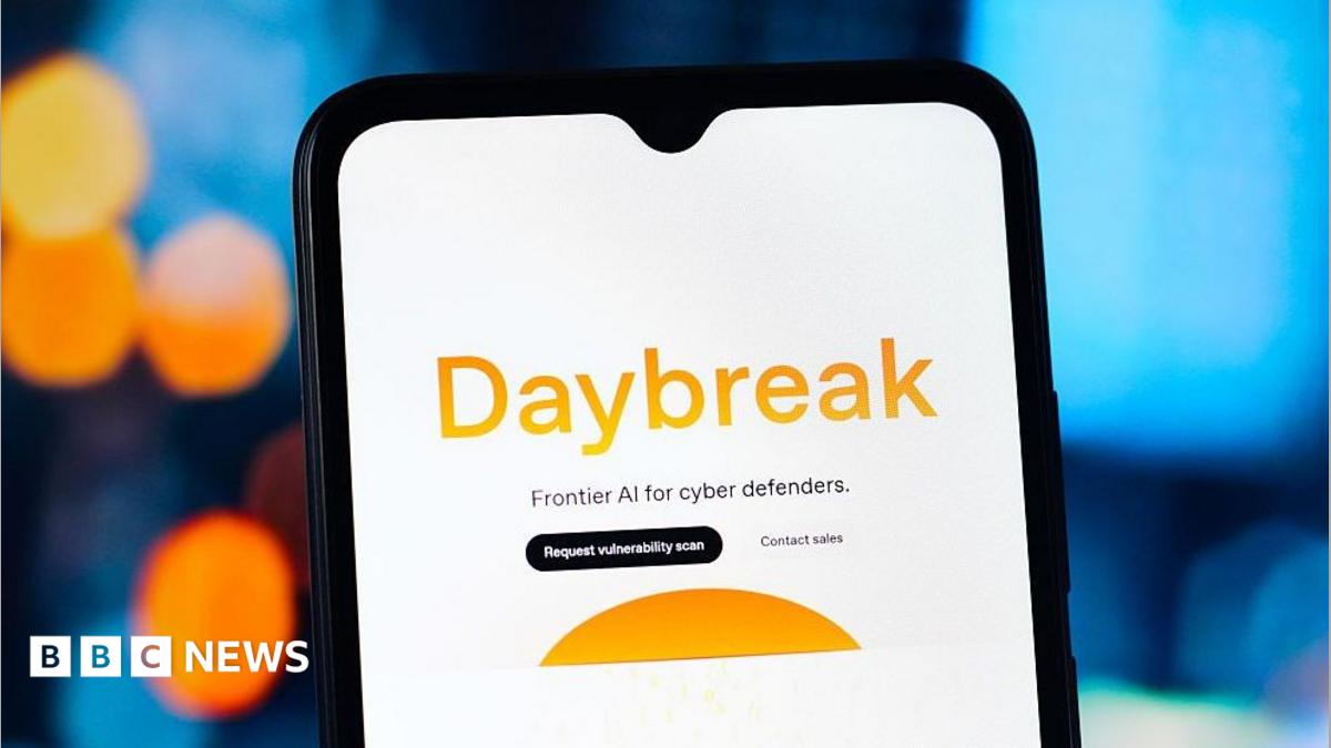 The word Daybreak in orange against a white phone background. Below it says Frontier AI for cyber defenders.