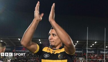 York Knights winger Ben Jones-Bishop looking upwards and applauding the fans before the match