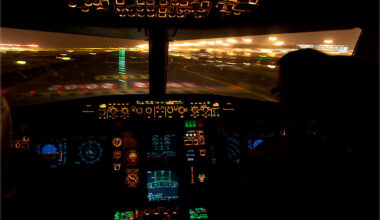 Flight deck of an Airbus A320 after landing at night