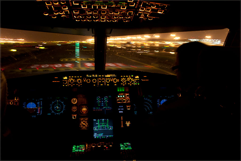 Flight deck of an Airbus A320 after landing at night