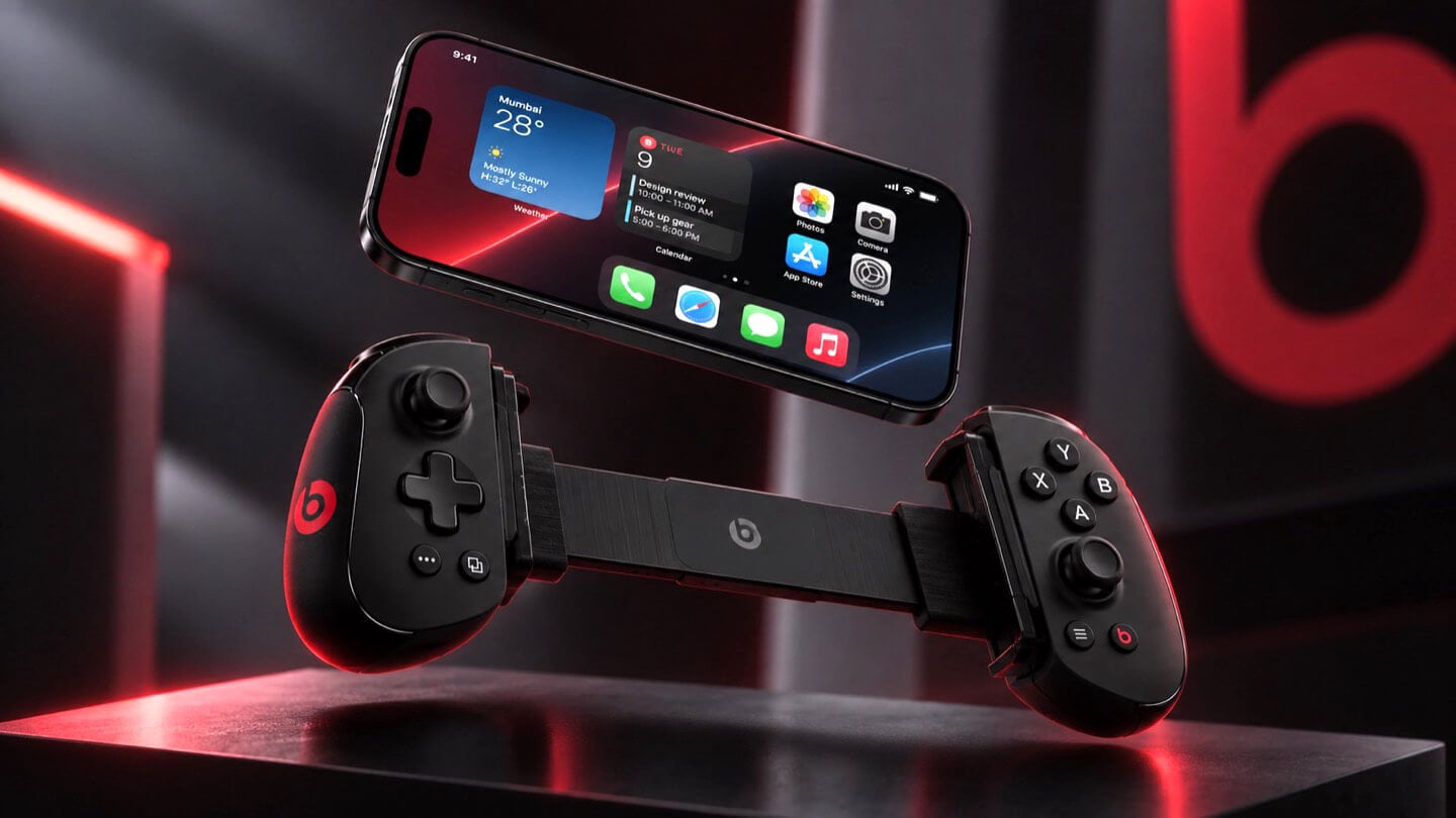 Concept Beats branded iPhone game controller in two separated halves with the iPhone floating above, left grip showing D-pad and right grip showing face buttons, both with red Beats logos, resting on a dark reflective surface.