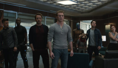 Film still showing some of the Avengers stood together