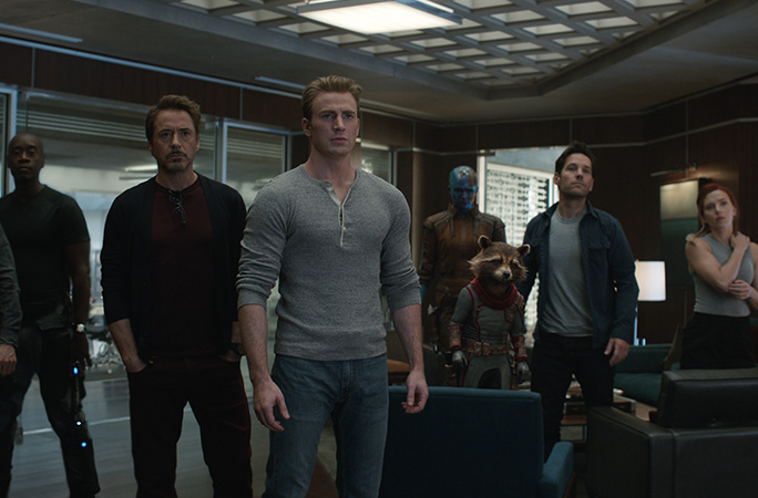 Film still of some of the Avengers stood together