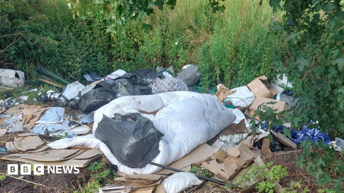 Fly-tipped items left near bushes and nettles, including cardboard, black rubbish bins, a white duvet and other bags and detritus.