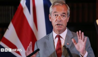 Reform UK leader Nigel Farage speaks during a press conference in London.