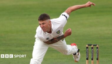 Brydon Carse bowling for Durham
